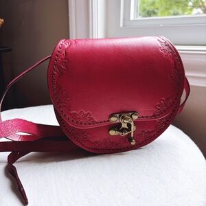 Red leather hand-crafted tooled leather crossbody bag